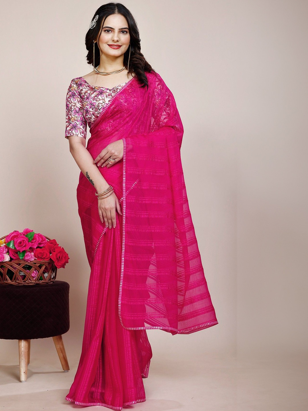 

K 5 Fashion Striped Embroidered Pure Chiffon Saree, Magenta