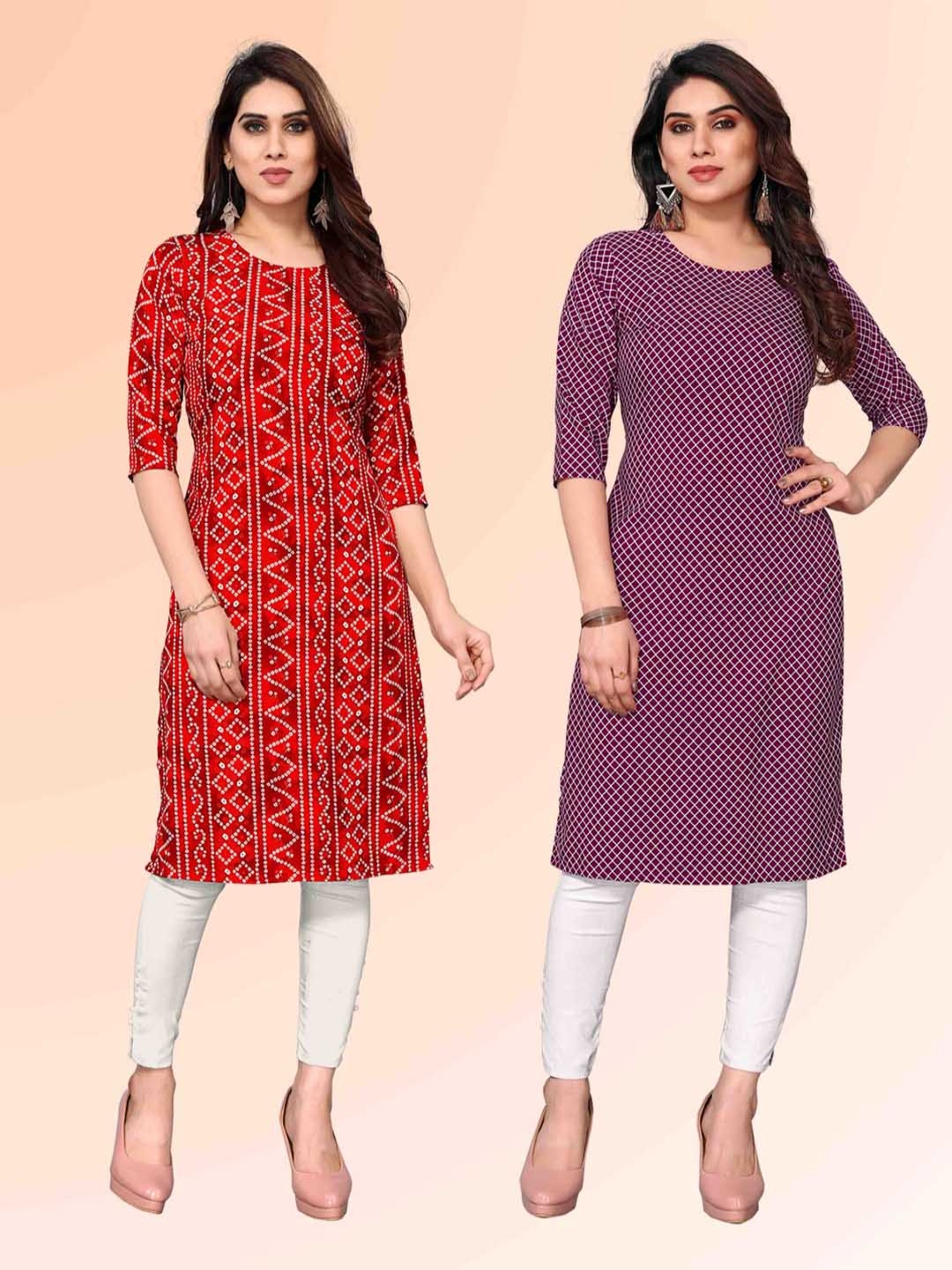 

KETAKI FASHION Selection Of 2 Bandhani Printed Round Neck Straight Kurtas, Red