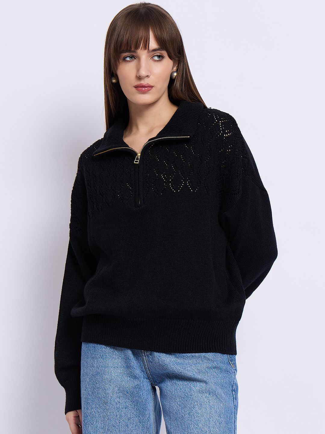 

Femella Women High Neck Half Zip Pullover Sweater, Black