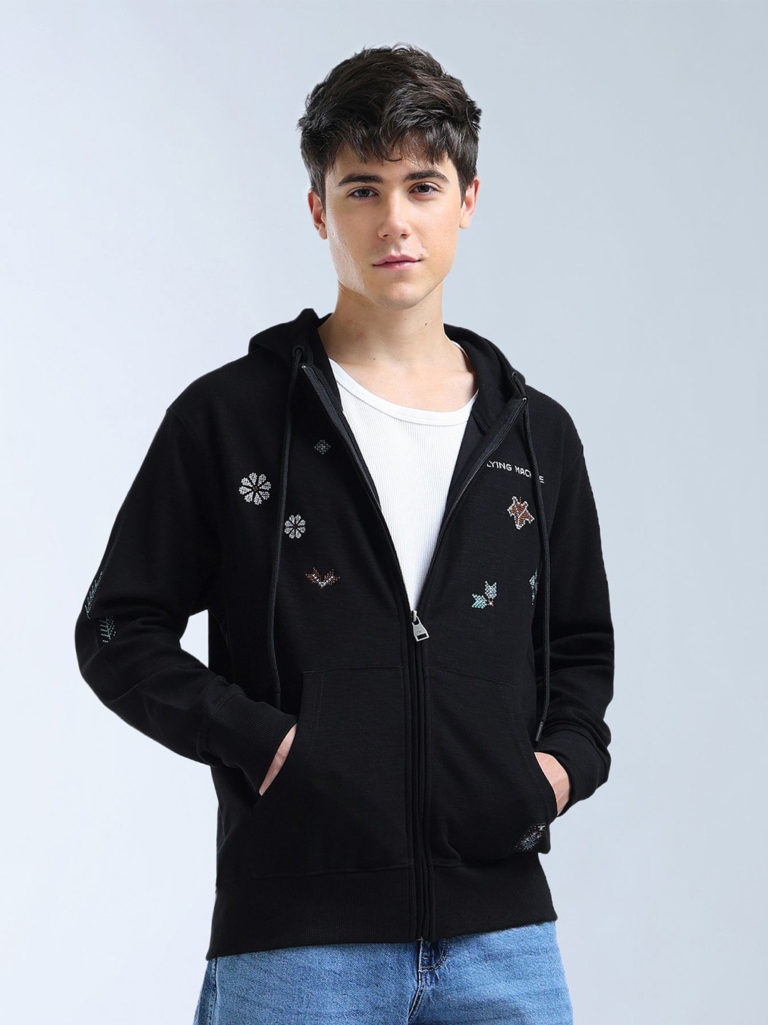 

Flying Machine Men Embroidered Hooded Front-Open Sweatshirt, Black