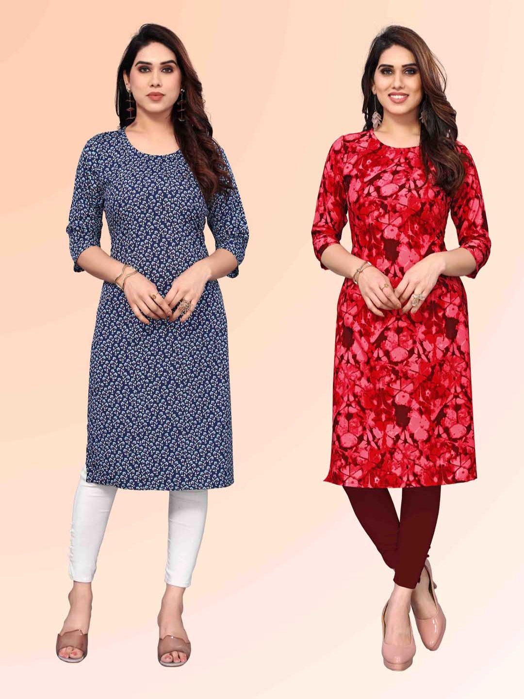 

KETAKI FASHION Selection Of 2 Floral Printed Round Neck Straight Kurtas, Navy blue