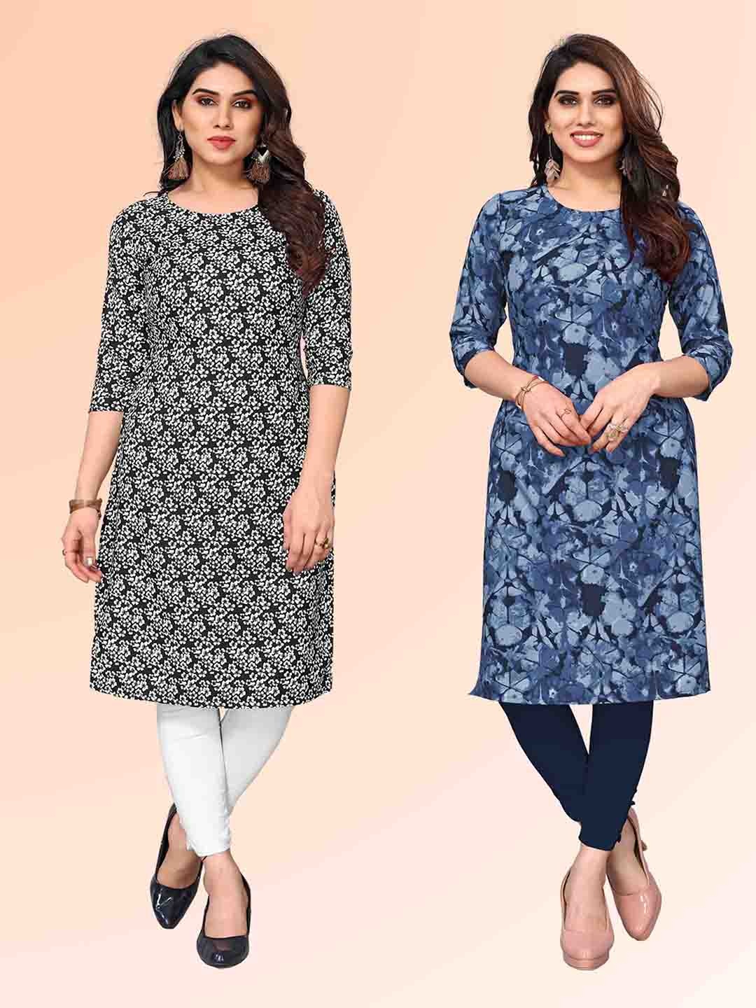 

KETAKI FASHION Selection Of 2 Floral Printed Round Neck Straight Kurtas, Black