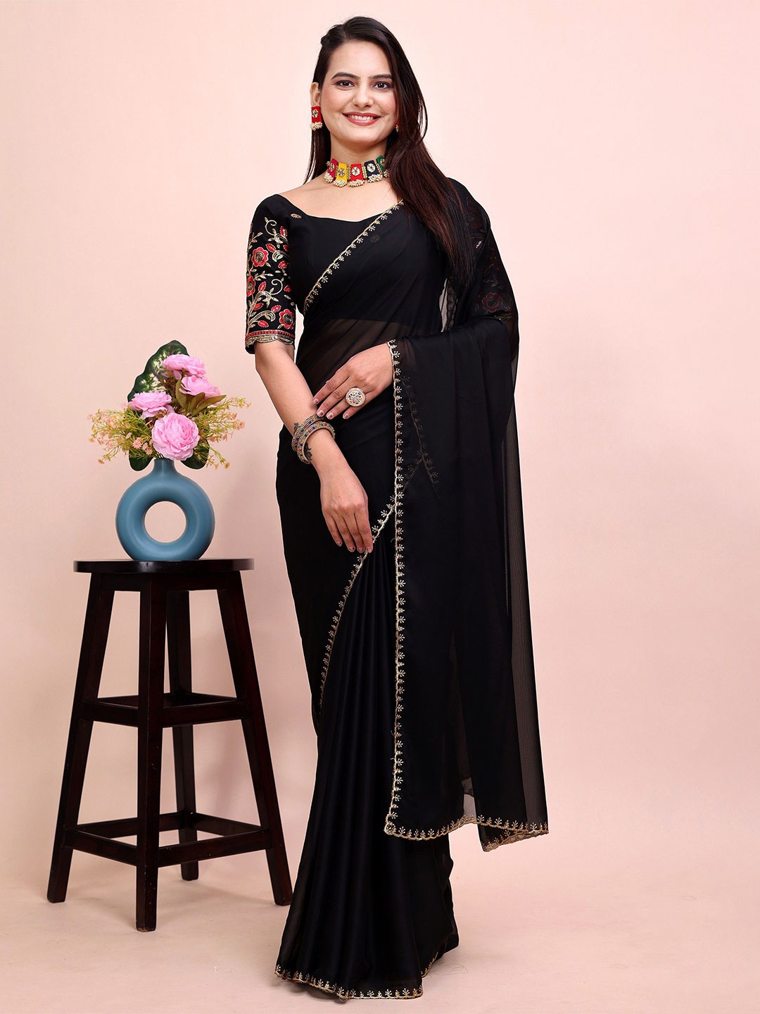 

K 5 Fashion Women Embroidered Pure Chiffon Saree, Black