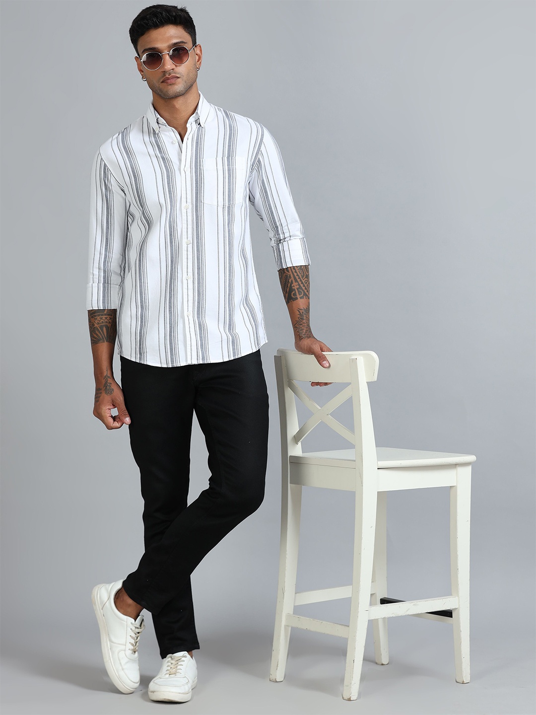 

HOUSE OF MAHNOTS Men Comfort Relaxed Fit Vertical Striped Cotton Casual Shirt, White