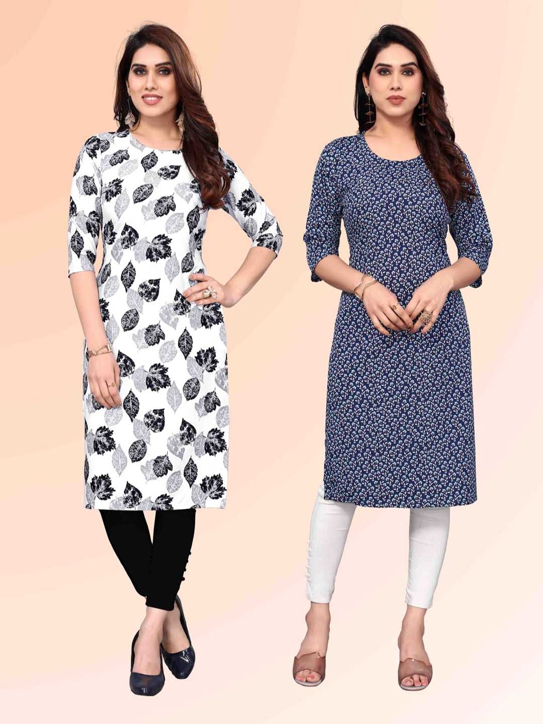 

KETAKI FASHION Selection Of 2 Floral Printed Round Neck Straight Kurtas, White