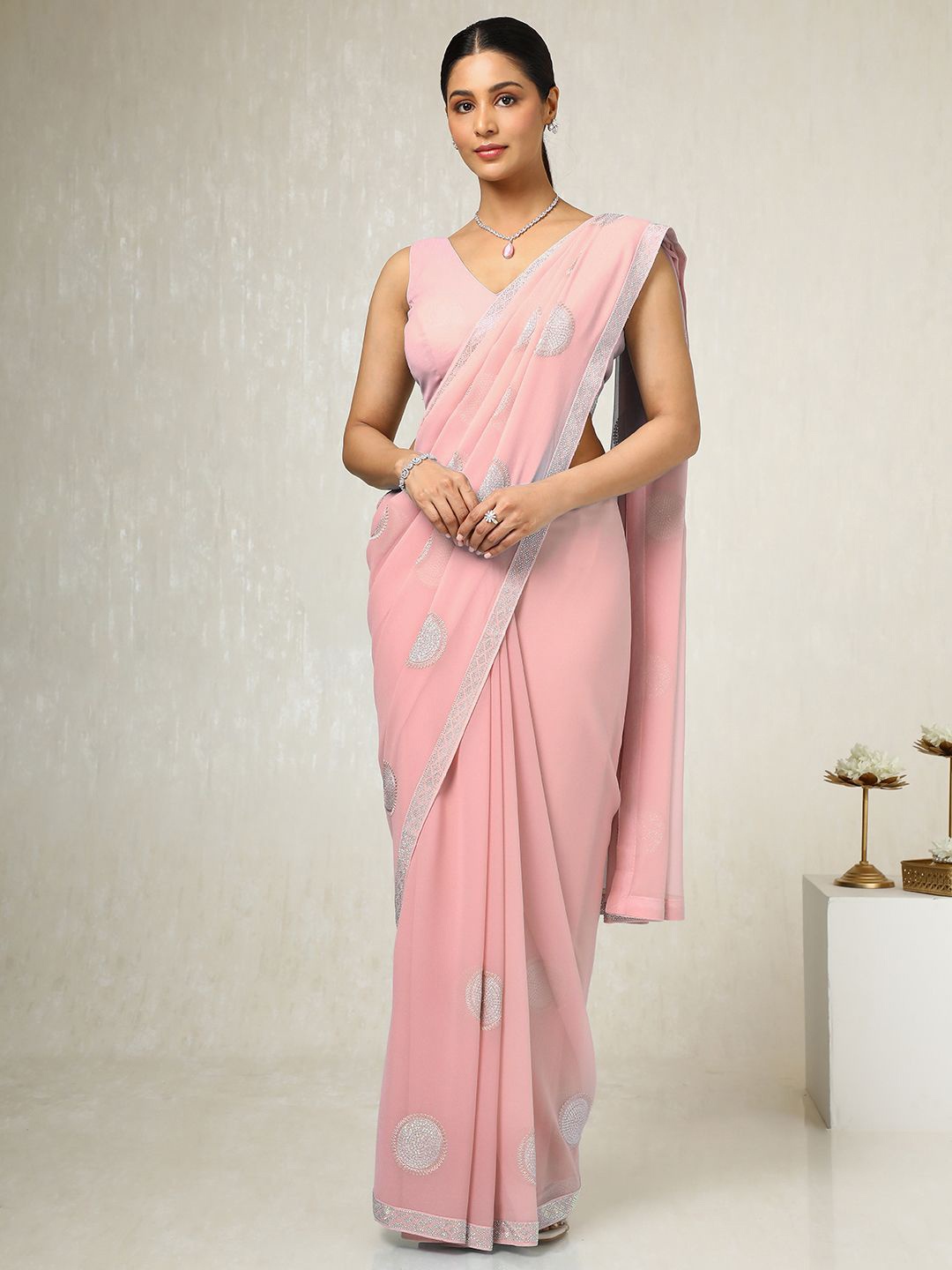 

Soch Ethnic Motifs Beads and Stones Poly Georgette Saree, Peach