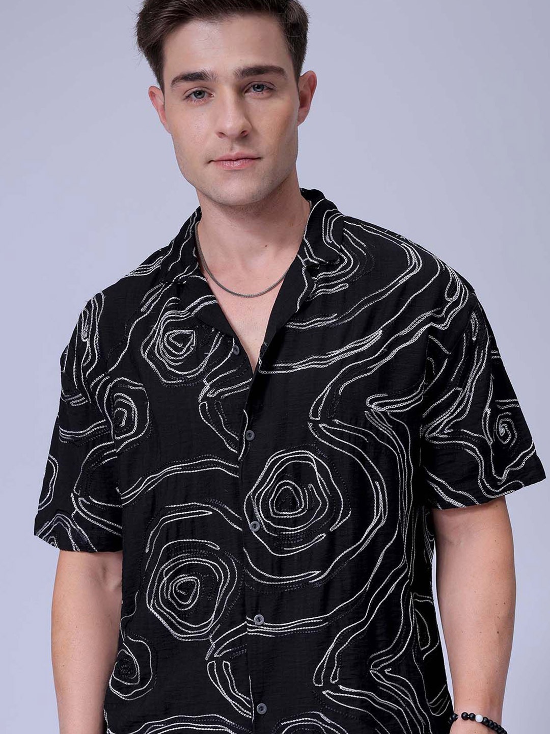 

The Indian Garage Co Men Relaxed Fit Embroidery Resortwear Shirt, Black