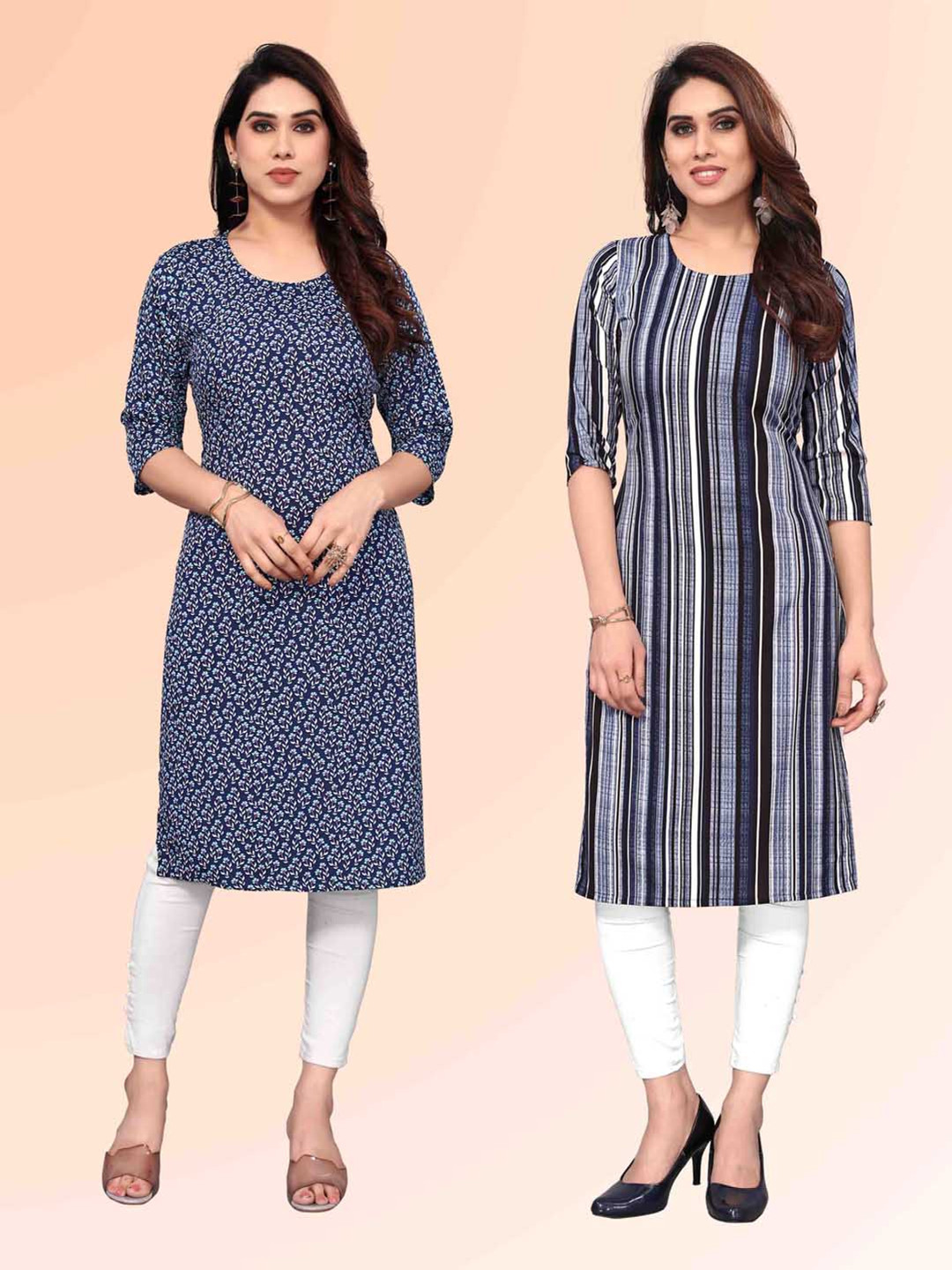 

KETAKI FASHION Selection Of 2 Floral Printed Round Neck Straight Kurtas, Navy blue