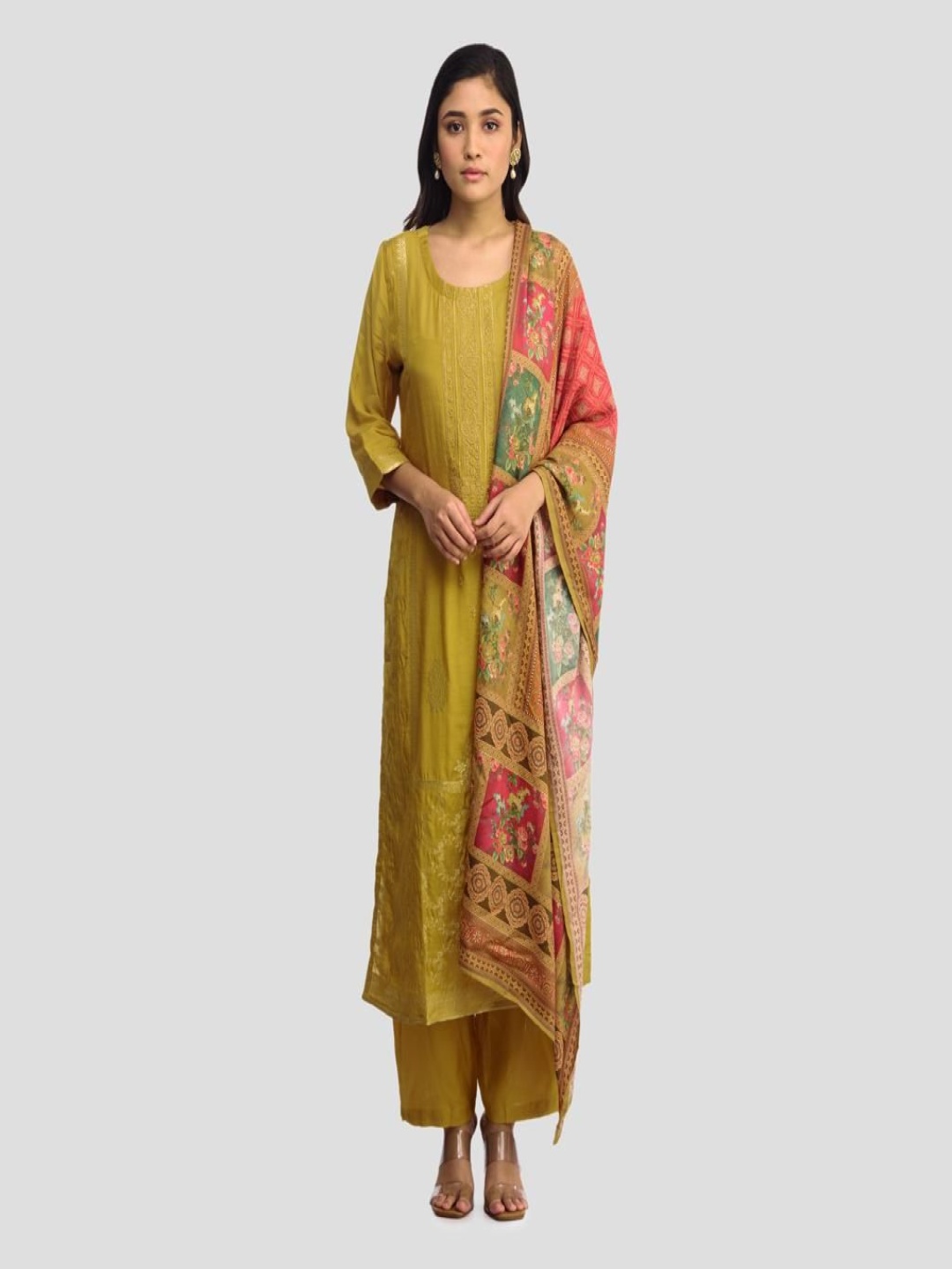 

ISHKIYA Floral Embroidered Kurta With Trouser And Dupatta, Mustard