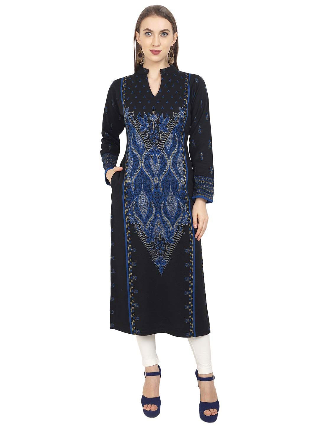

ROSARY Women Mandarin Collar Ethnic Motifs Woven Design Acrylic Kurta, Black