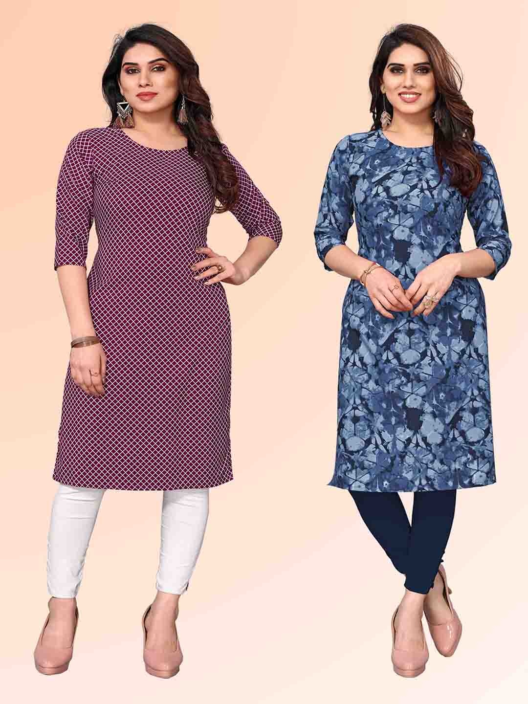 

KETAKI FASHION Selection Of 2 Checked Round Neck Straight Kurtas, Maroon