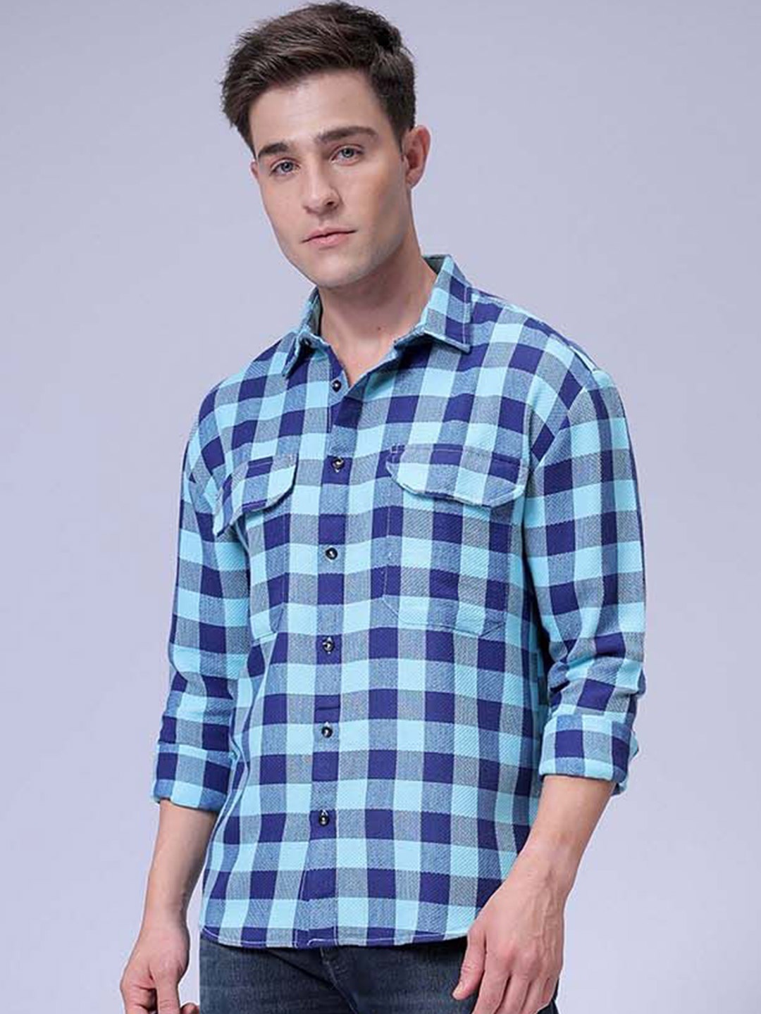 

The Indian Garage Co Men Relaxed Fit Checked Dobby Textured Resortwear Shirt, Blue