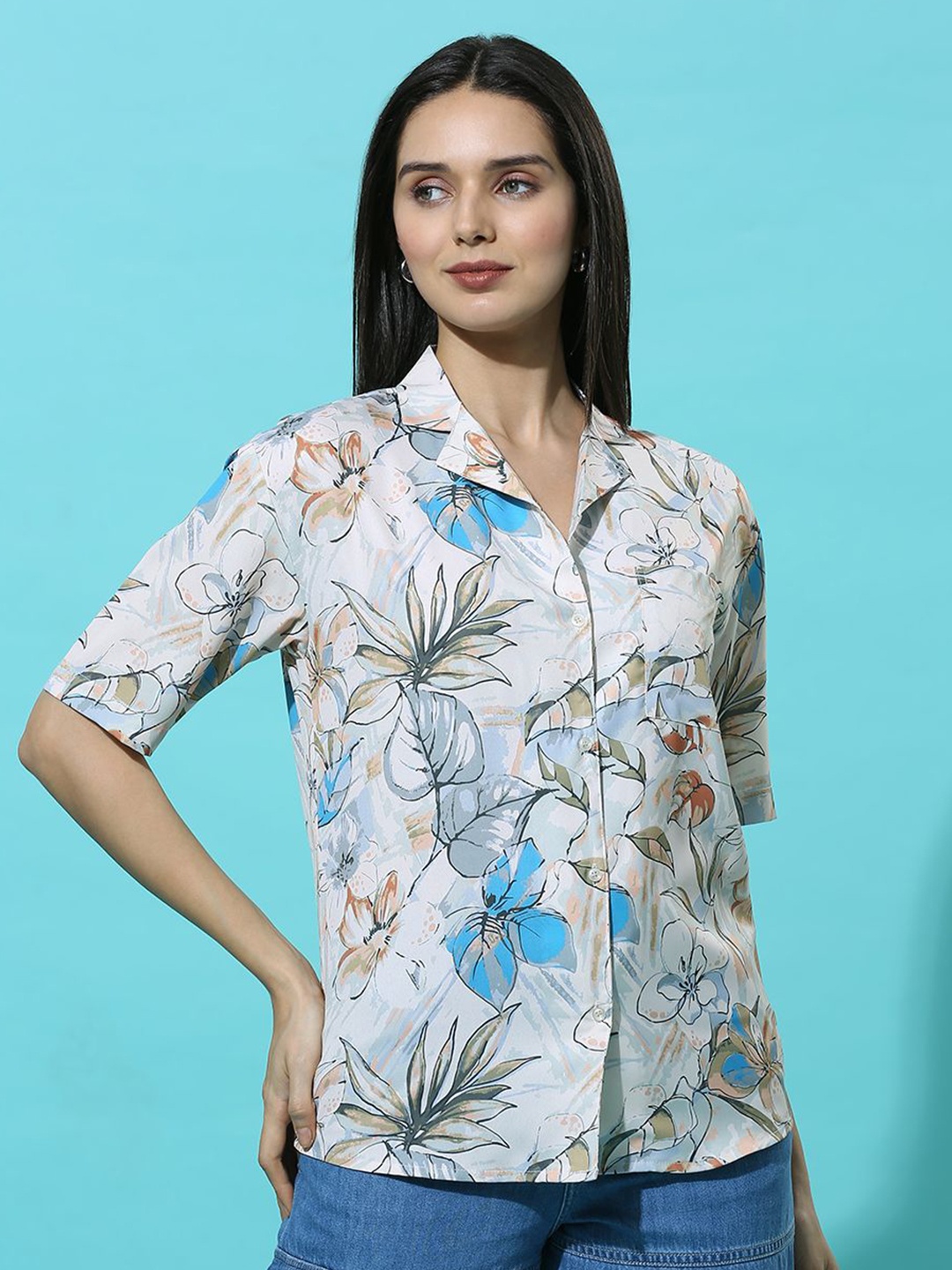 

Mast & Harbour Women Cuban Collar Floral Printed Casual Shirt, Off white