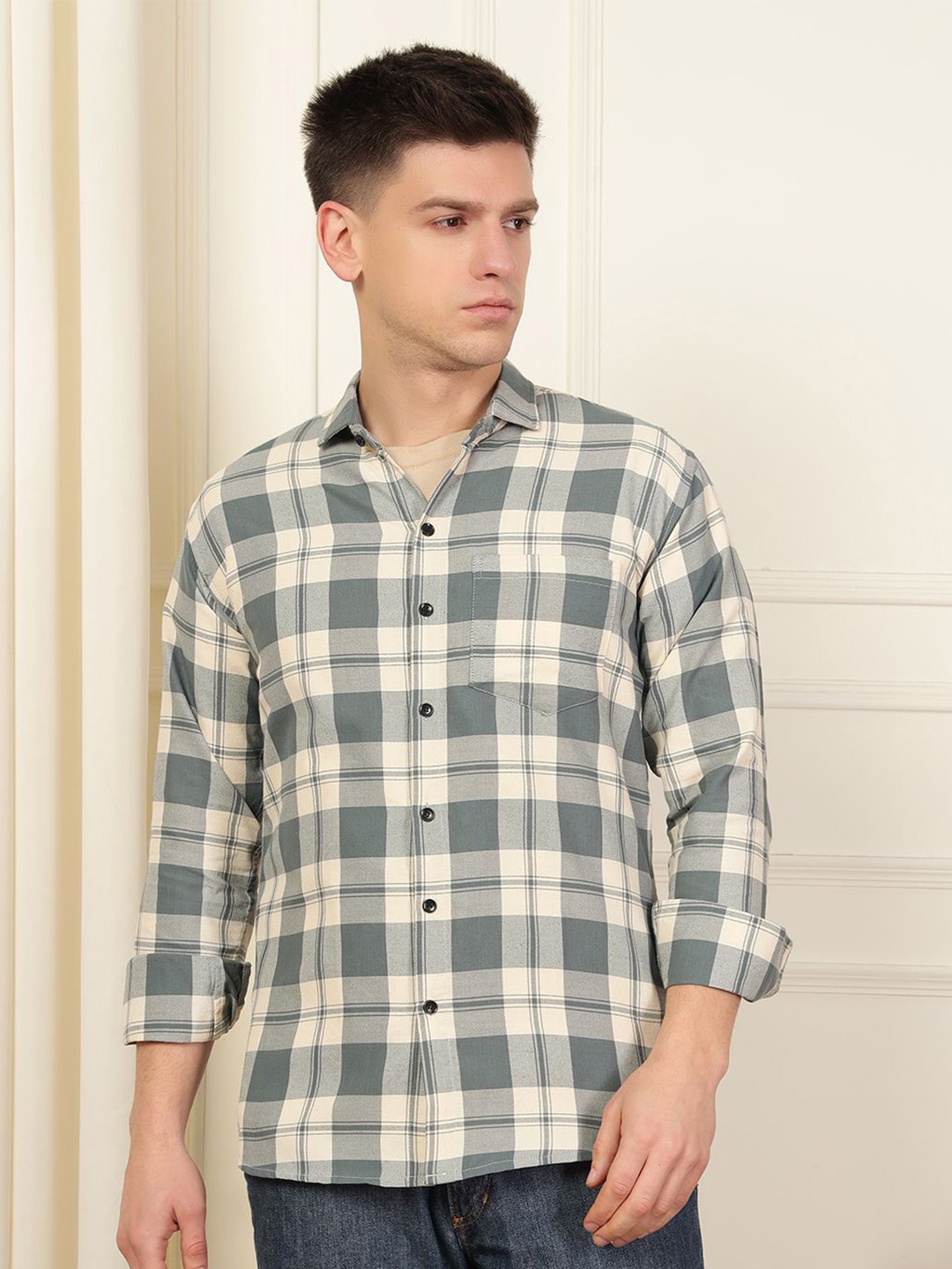 

WOXEN Men Original Fit Spread Collar Tartan Checked Cotton Casual Shirt, Grey