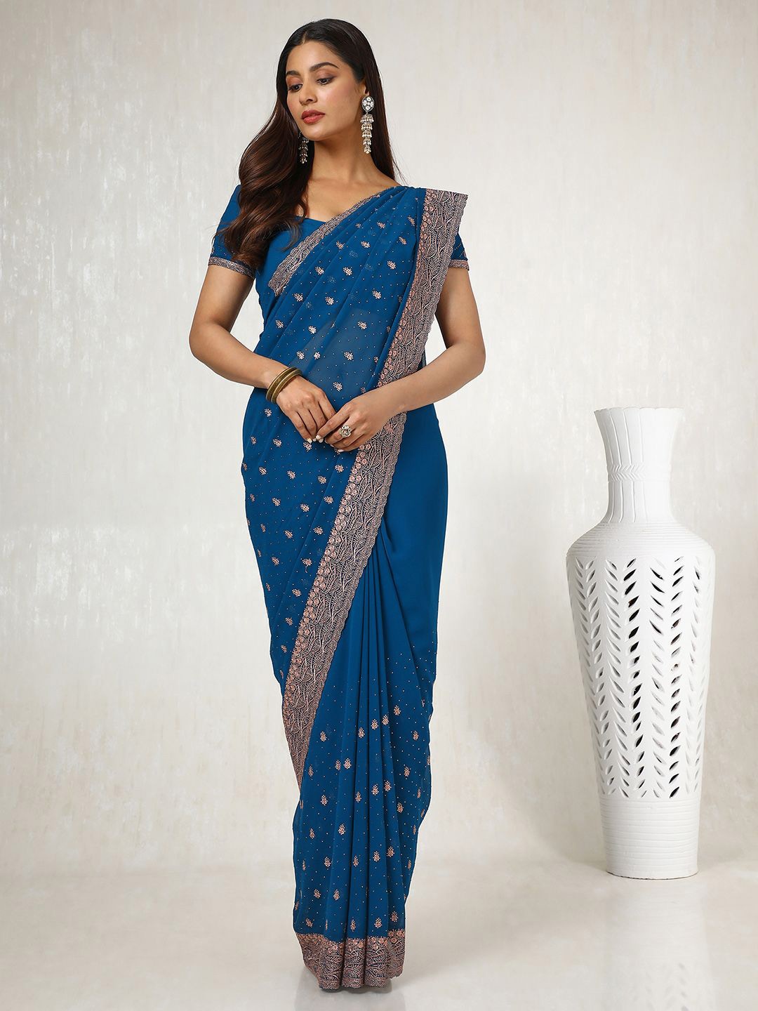 

Soch Embellished Beads and Stones Poly Georgette Saree, Teal