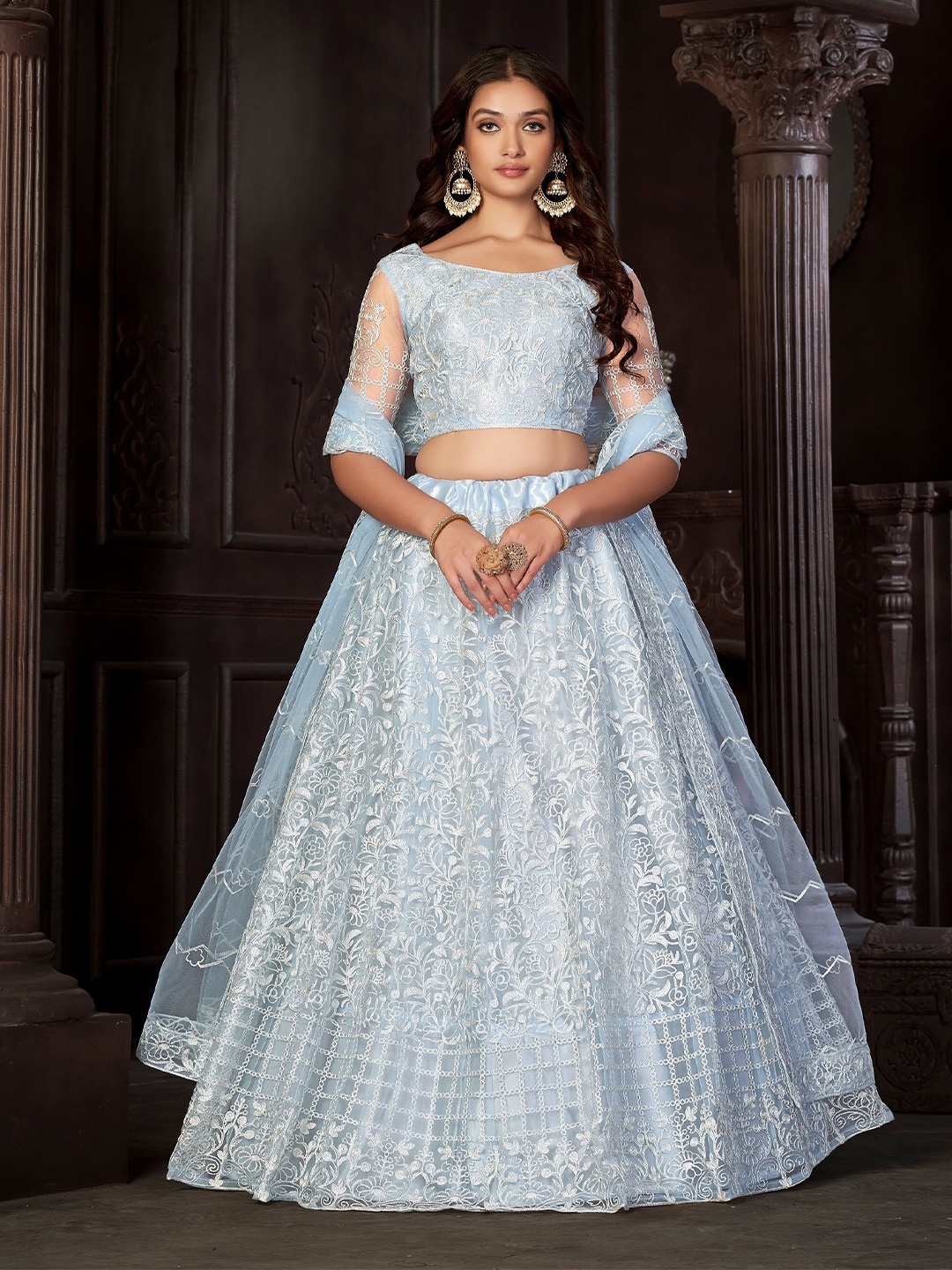 

KALINI Embroidered Thread Work Semi-Stitched Lehenga & Unstitched Blouse With Dupatta, Blue