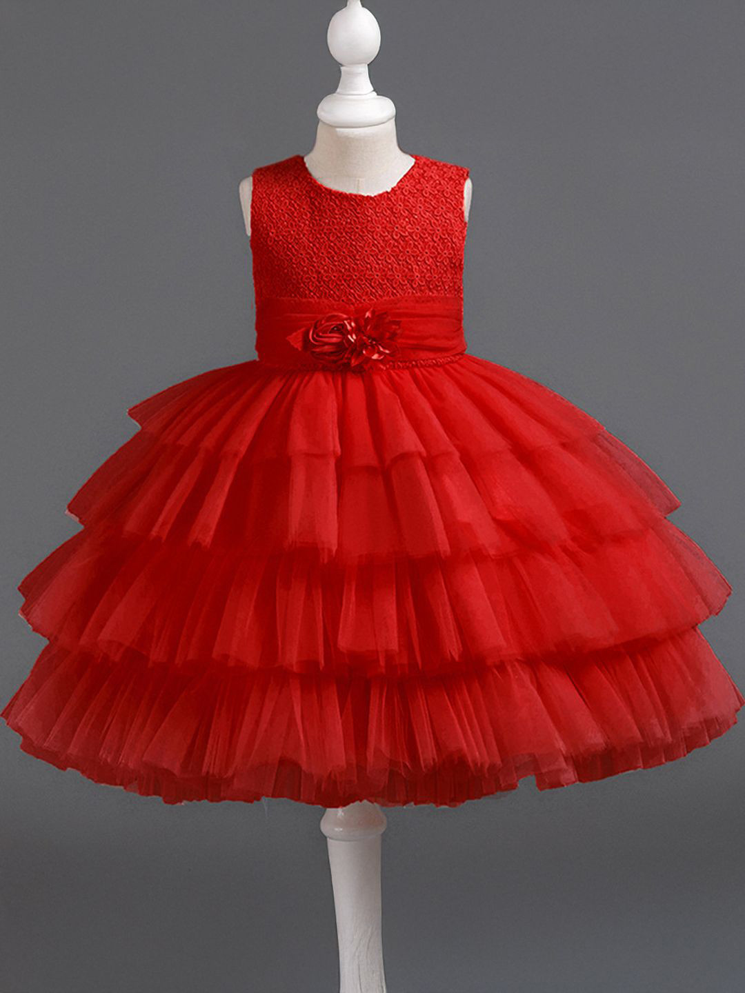 

Xsole Girls Self Design Gown Dress, Red