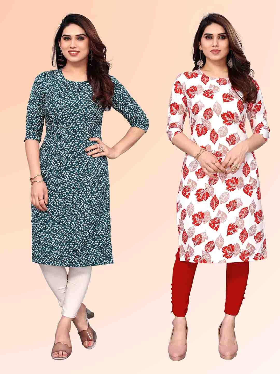 

KETAKI FASHION Selection Of 2 Floral Printed Round Neck Straight Kurtas, Blue