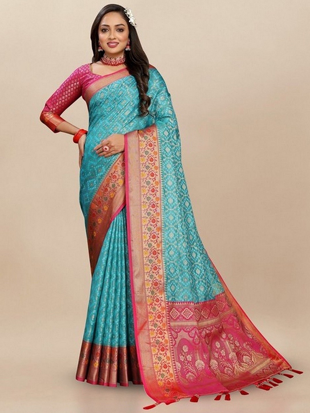 

VARNI FABRICS Woven Design Zari Pure Silk Banarasi Saree, Turquoise blue