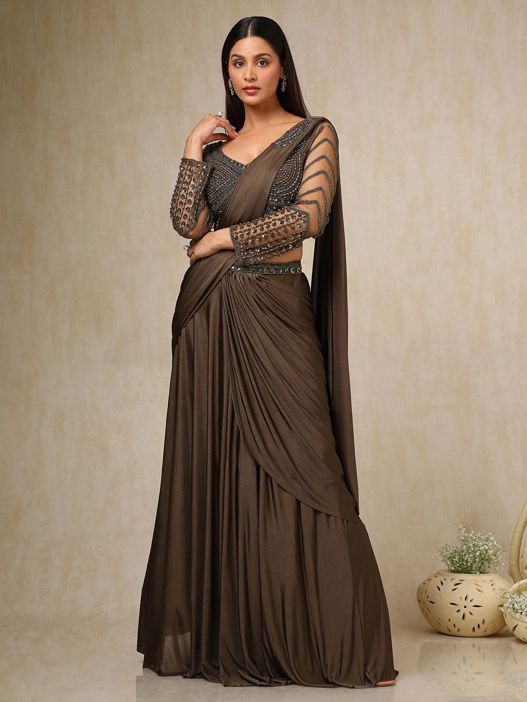 

Soch Beads and Stones Ready to Wear Saree, Olive