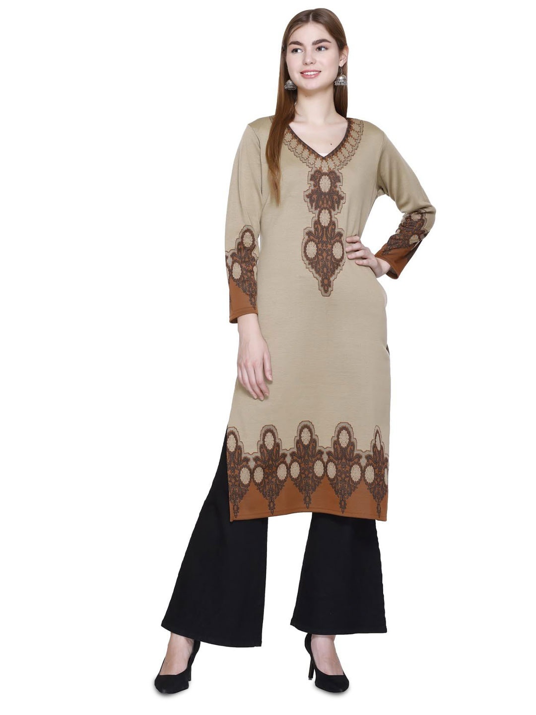

ROSARY Women Embroidered V-Neck Straight Kurtas, Brown