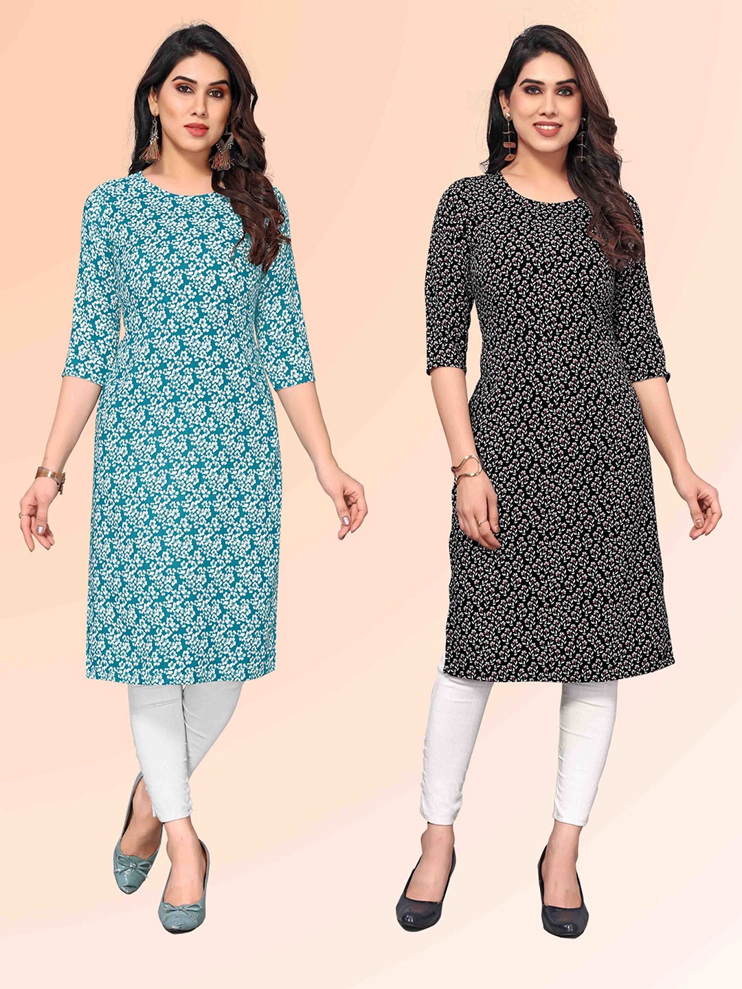 

KETAKI FASHION Selelction Of 2 Floral Printed Round Neck Straight Kurtas, Black