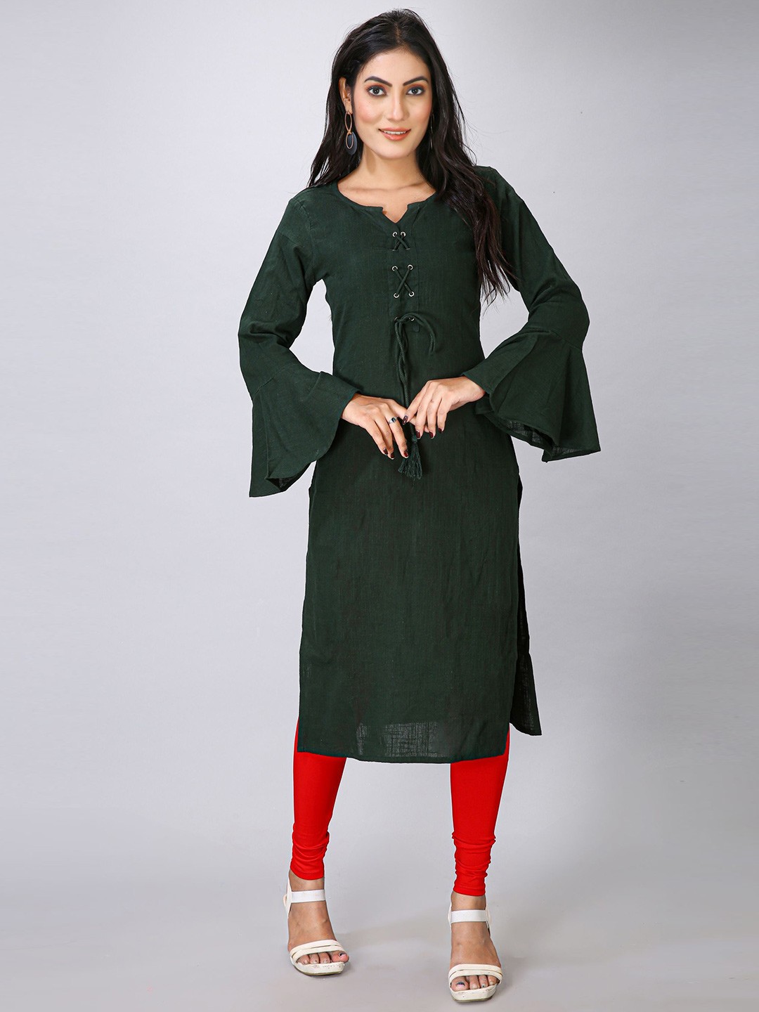 

Krimmple Women Bell Sleeves Kurta, Green