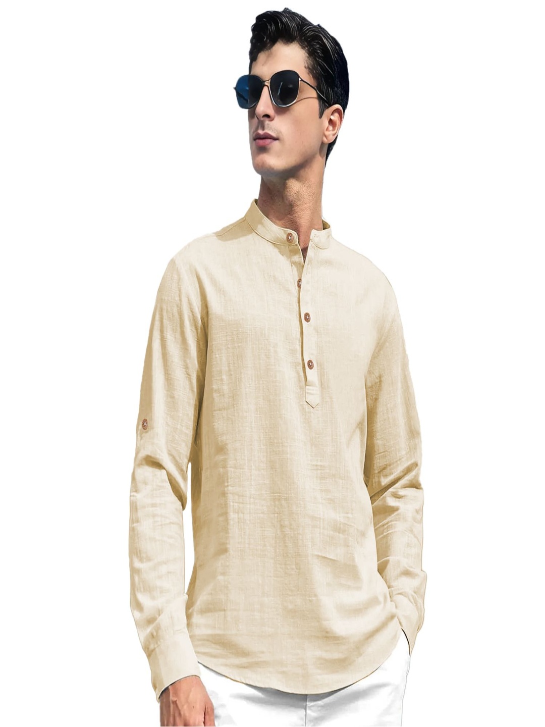 

EdinWolf Mandarin Collar Cotton Slim Fit Straight Kurta, Beige