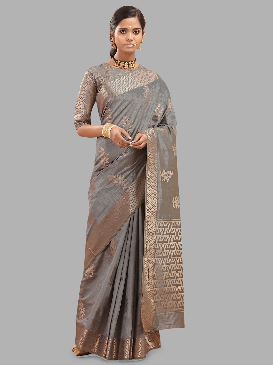 

Krimmple Woven Design Zari Pure Silk Banarasi Saree, Grey