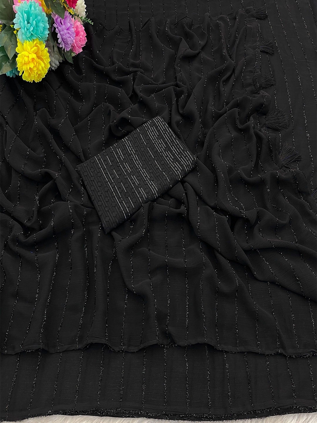 

K 5 Fashion Striped Sequinned Pure Chiffon Saree, Black