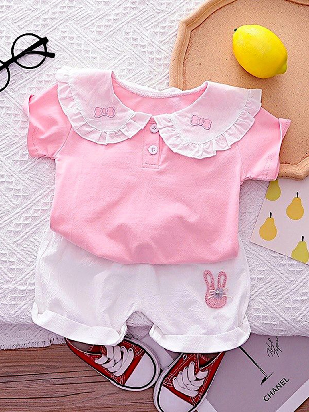 

BAESD Girls Peter Pan Collar Pure Cotton Top With Shorts, Pink