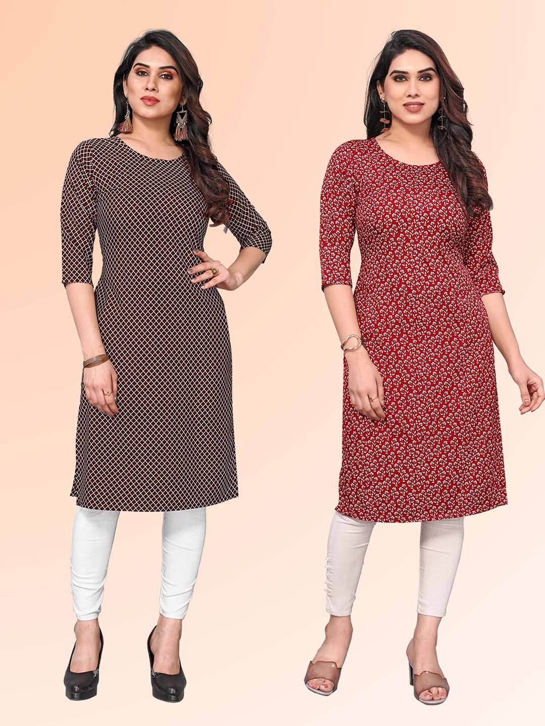 

KETAKI FASHION Selection Of 2 Geometric Printed Round Neck Straight Kurtas, Brown