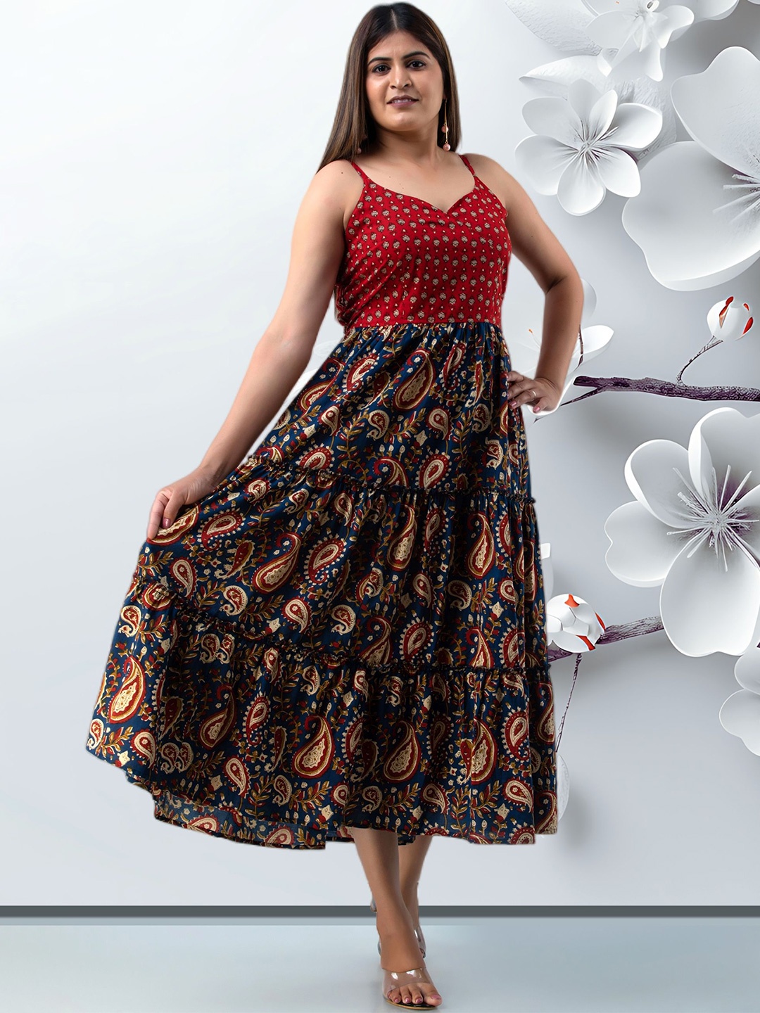 

KUMARI Women Floral Printed Fit & Flare Midi Dress, Maroon
