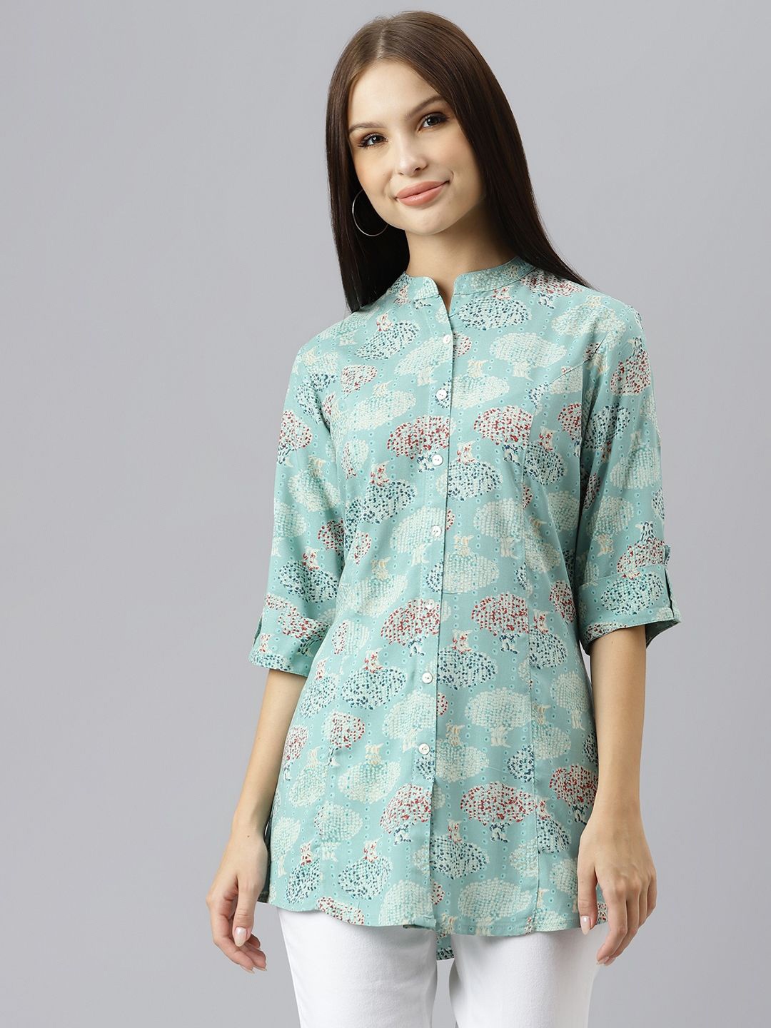 

BAESD Women Floral Printed Mandarin Collar Roll-Up Sleeves Top, Sea green