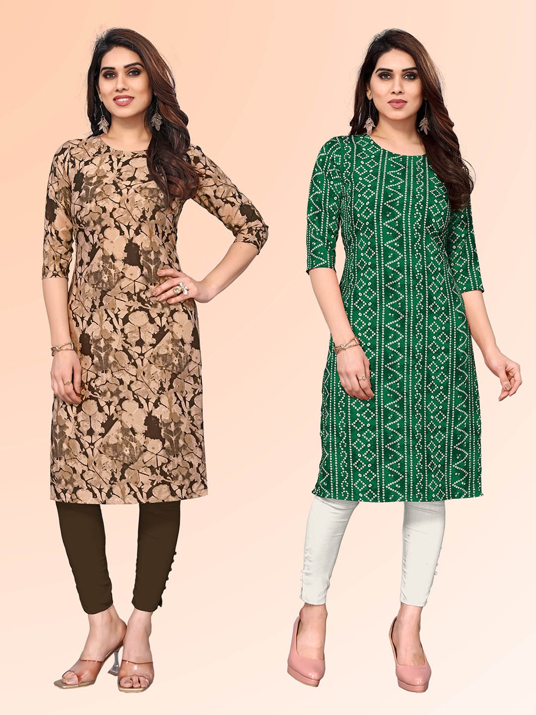 

KETAKI FASHION Selelction Of 2 Abstract Printed Round Neck Straight Kurtas, Brown