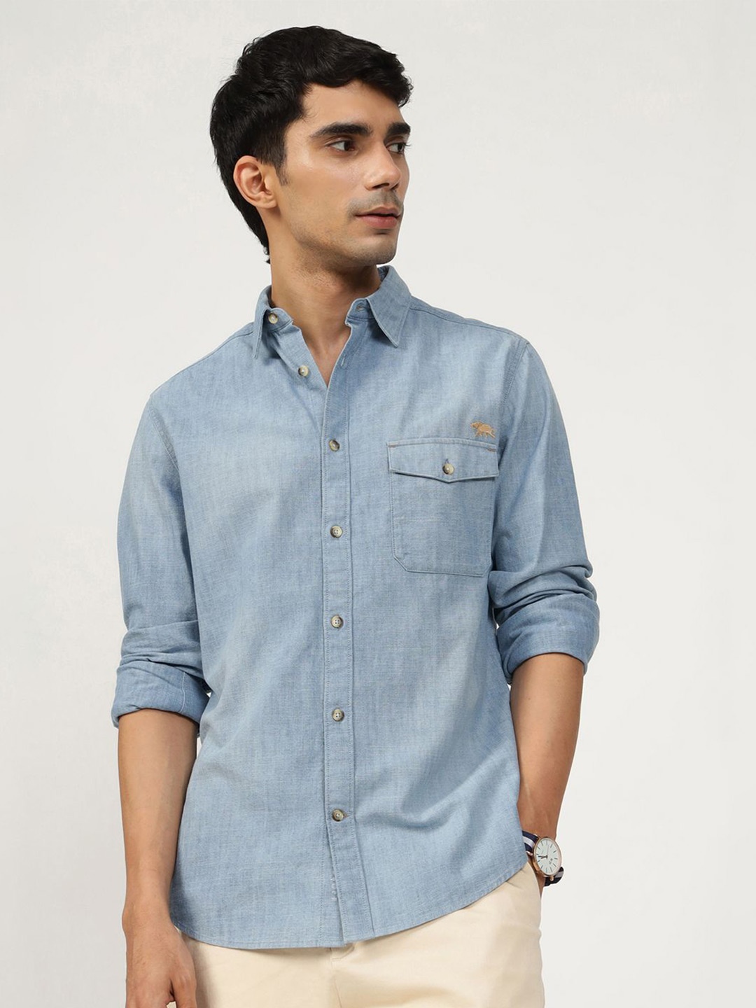 

Andamen Casual Men Placement Wash Effect Slim Fit Shirt, Blue