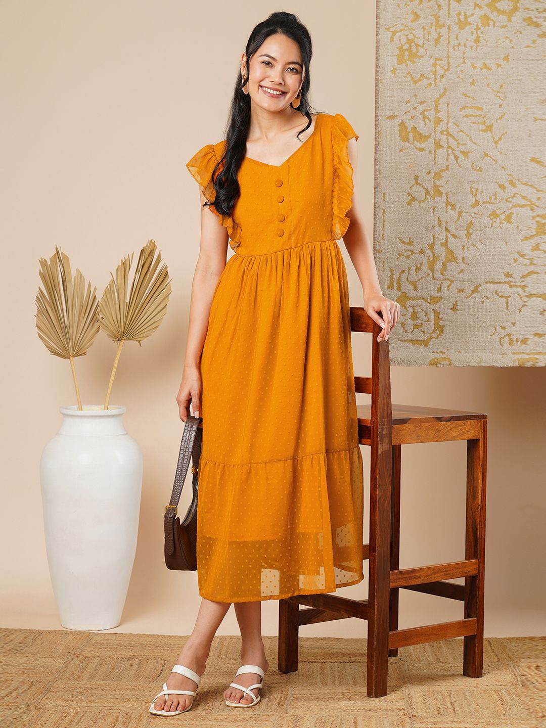 

BEN-LEE Georgette Fit & Flare Midi Dress, Mustard