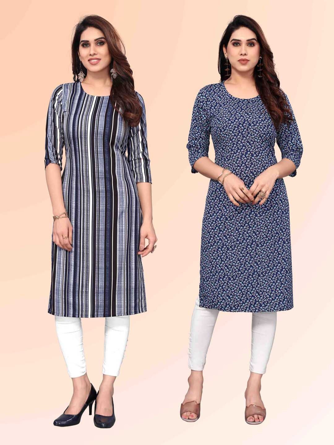 

KETAKI FASHION Selection Of 2 Striped Round Neck Straight Kurtas, Navy blue