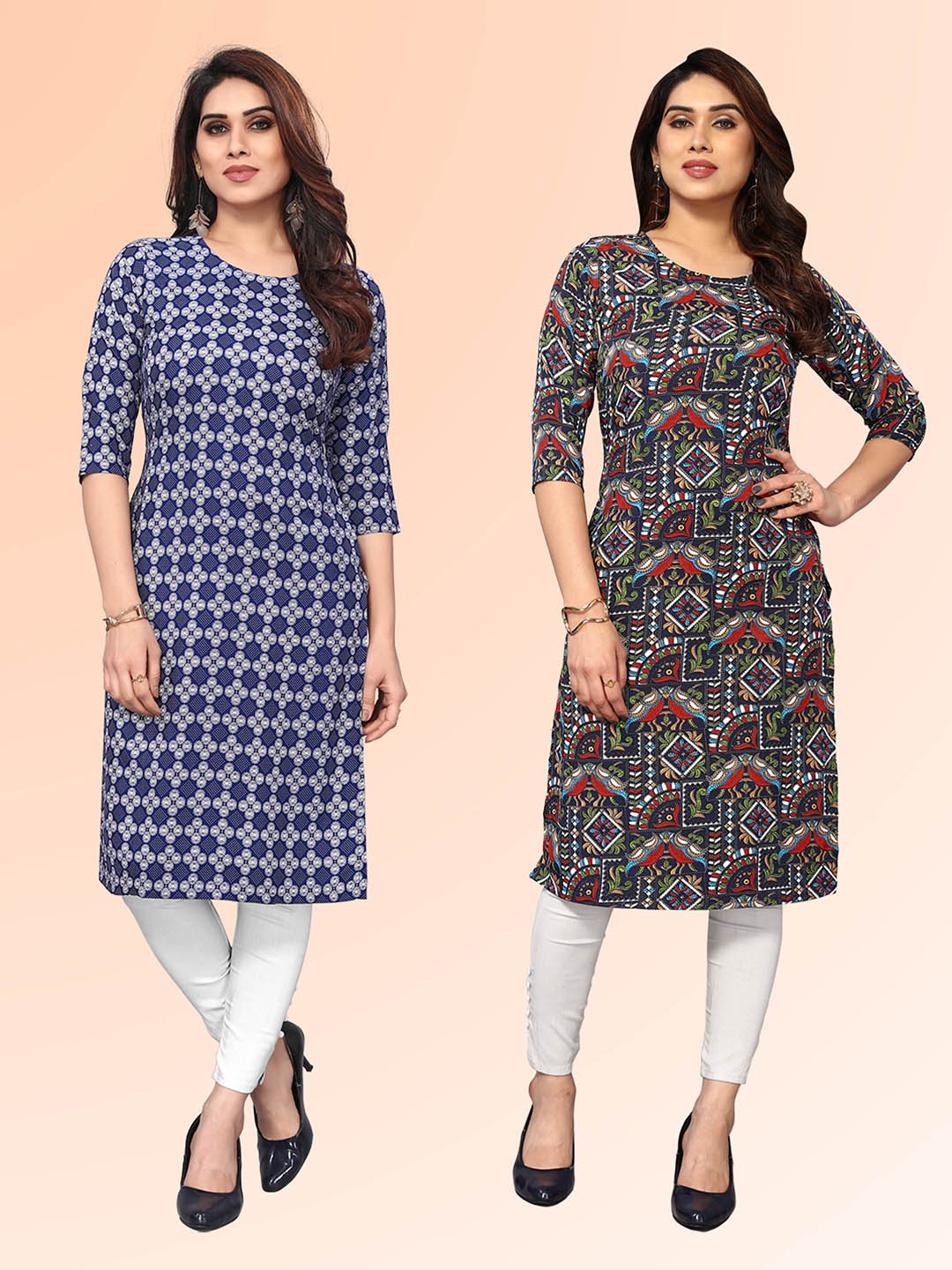 

KETAKI FASHION Selection of 2 Geometric Printed Round Neck Straight Kurtas, Blue