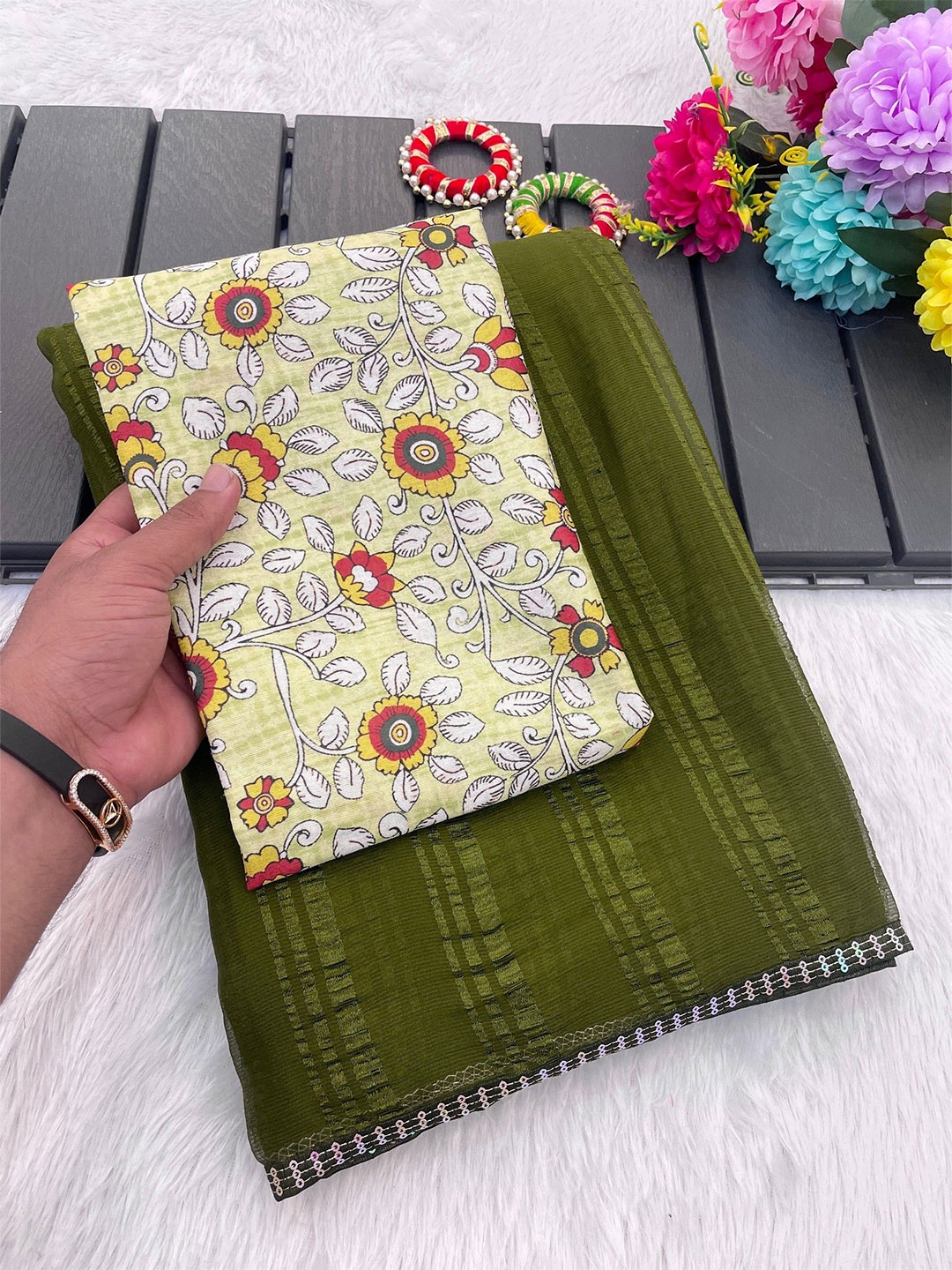 

K 5 Fashion Striped Embroidered Pure Chiffon Saree, Green