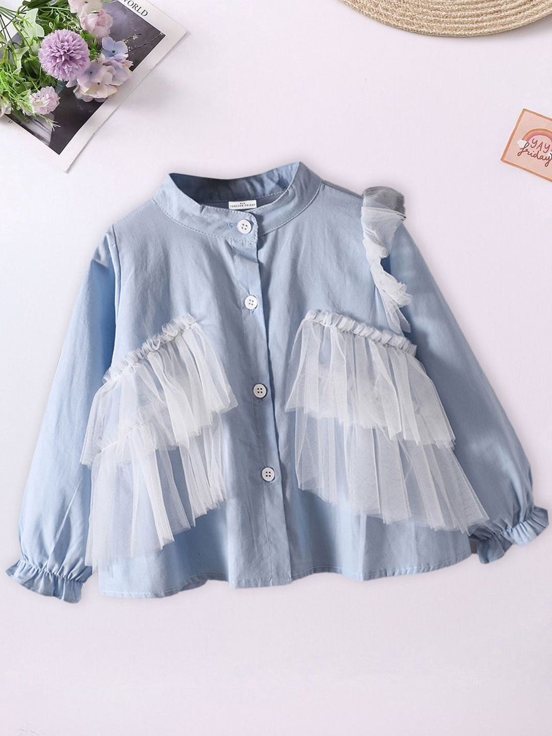 

FOREVER FRIDAY Girls Mandarin Collar Puff Sleeves Cotton Top, Blue