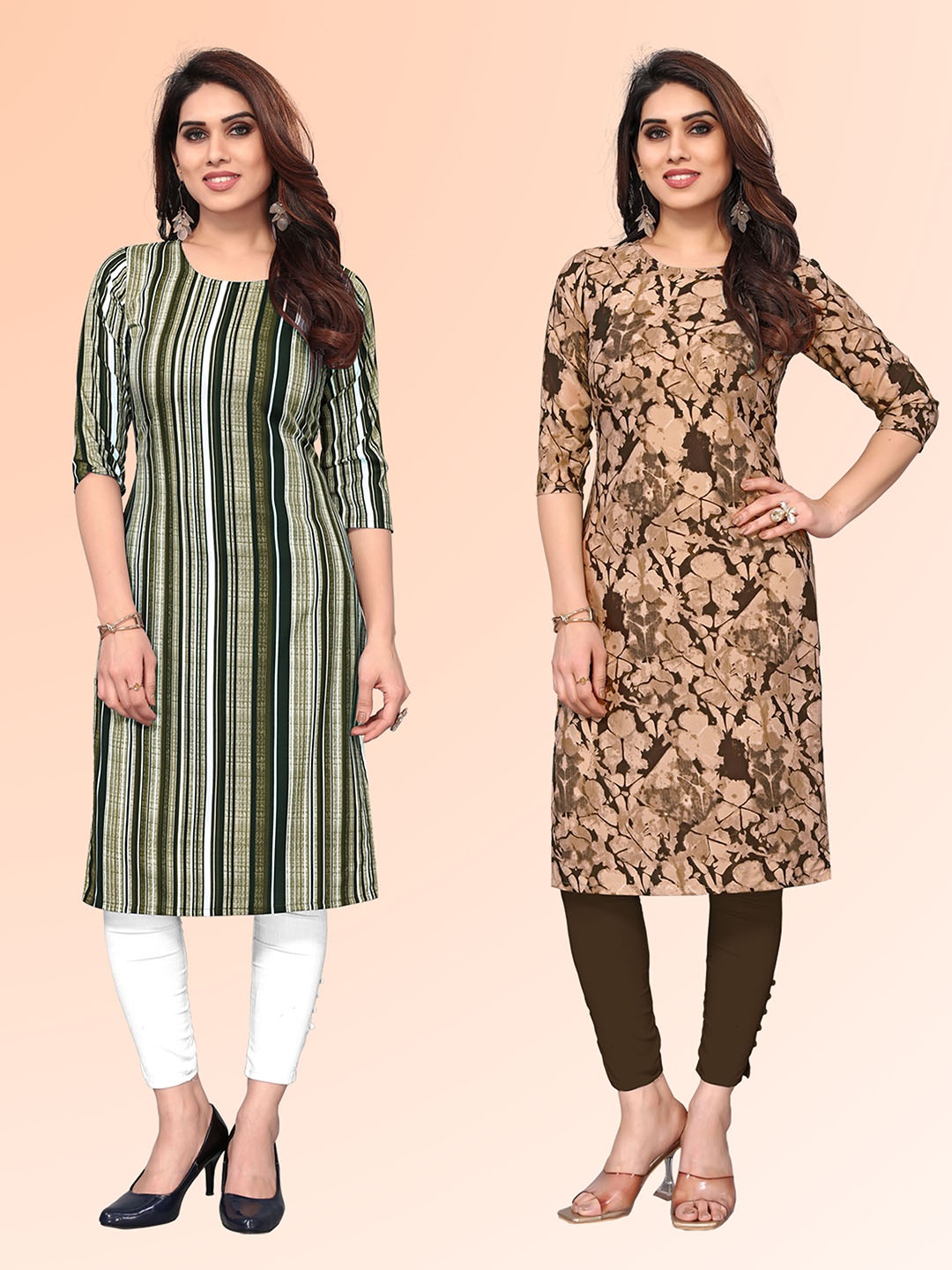

KETAKI FASHION Selection Of 2 Striped Printed Round Neck Straight Kurtis, Green