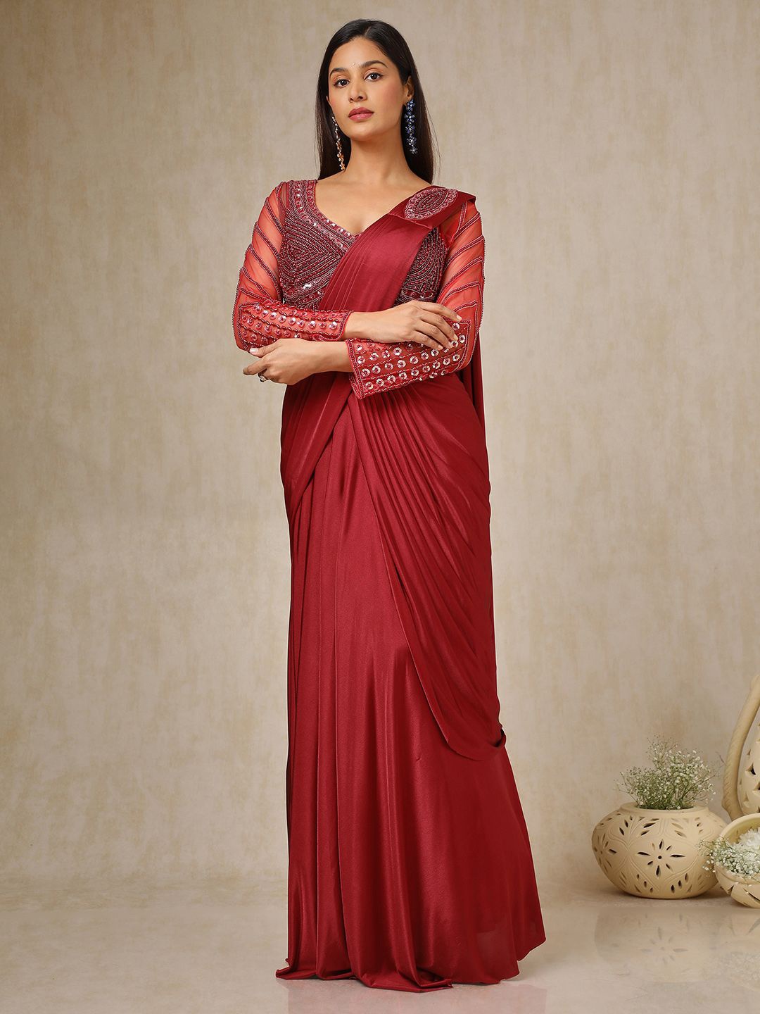 

Soch Sequinned Ready to Wear Saree, Maroon