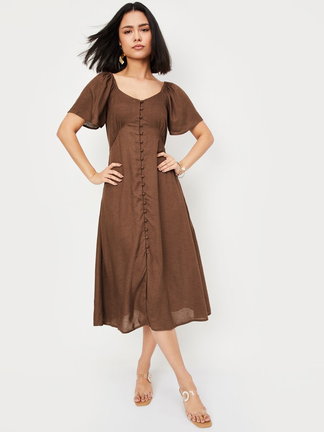 

max Cold-Shoulder A-Line Midi Dress, Brown