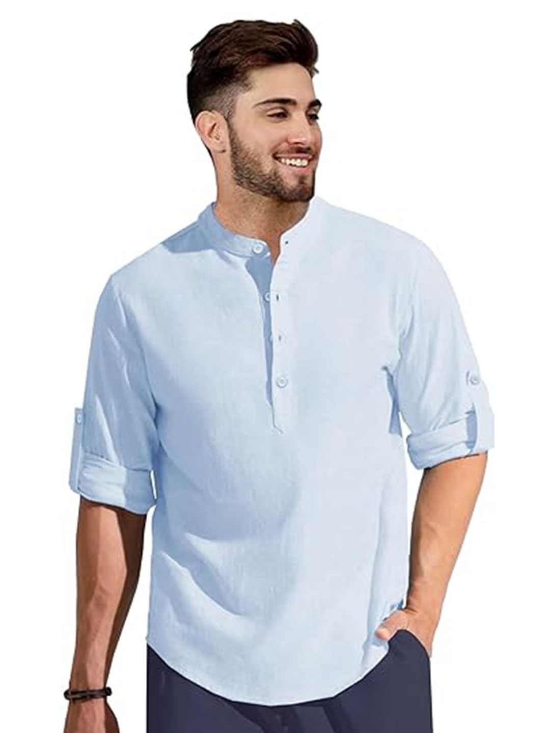 

EdinWolf Mandarin Collar Cotton Slim Fit Straight Kurta, Blue