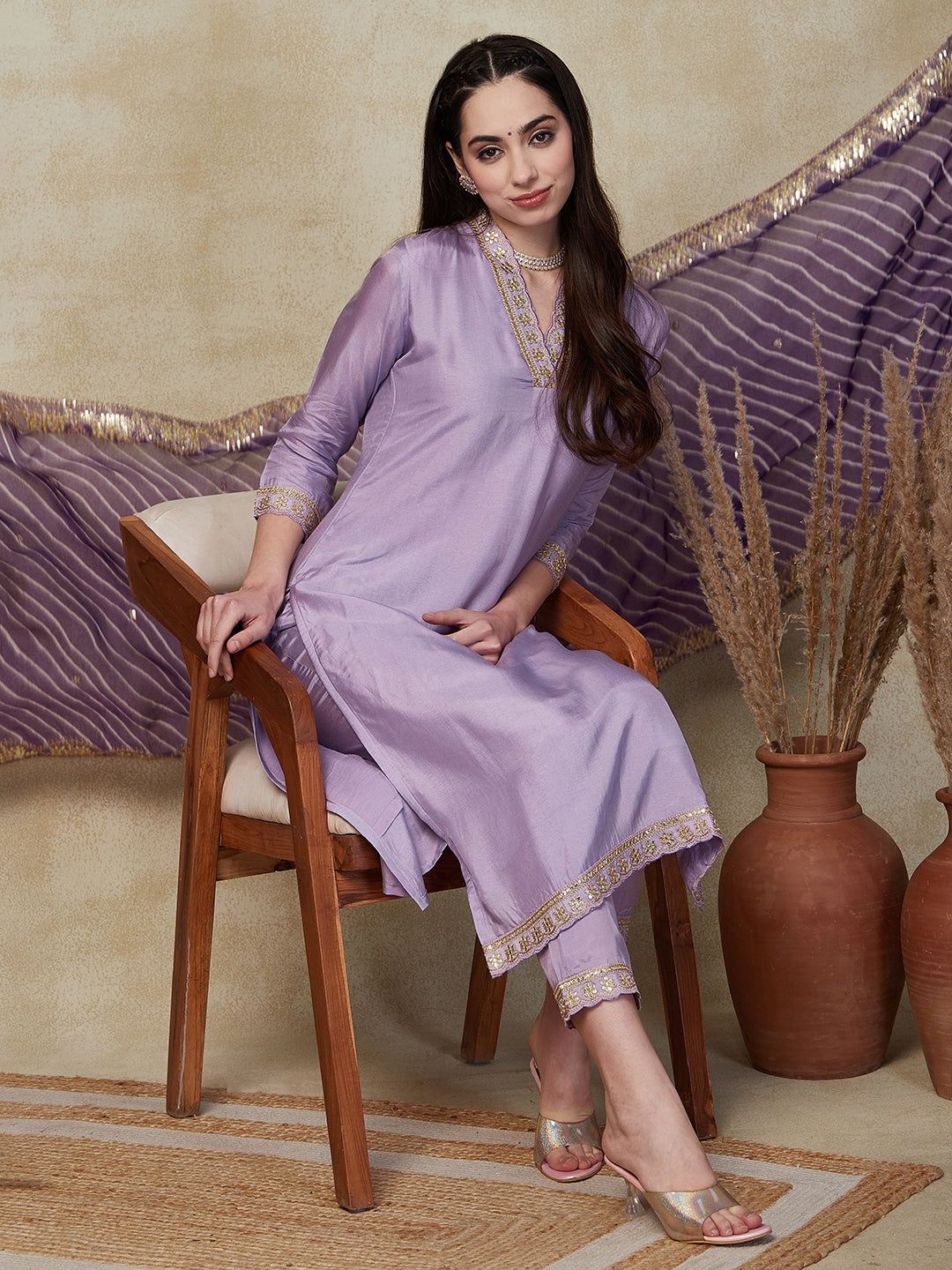 

KALINI Women Ethnic Motifs Embroidered Regular Kurta with Trousers & With Dupatta, Purple