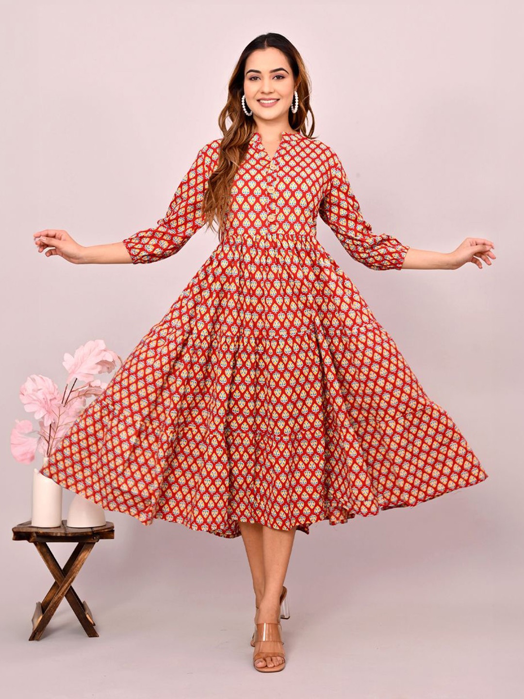

FABRU Ethnic Motifs Printed Cotton Fit & Flare Midi Dress, Red