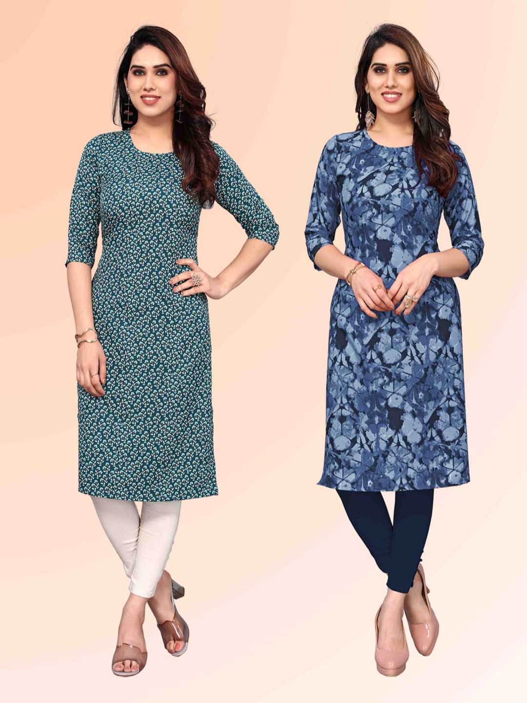 

KETAKI FASHION Selection Of 2 Floral Printed Round Neck Straight Kurtis, Green