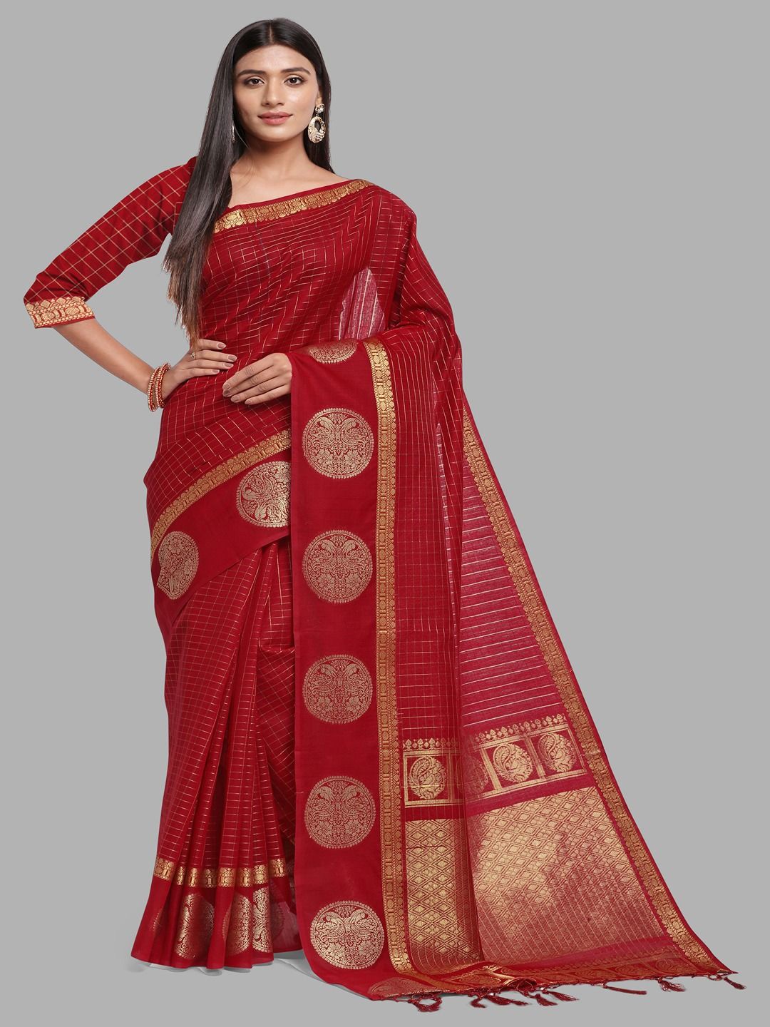 

Krimmple Ethnic Motifs Zari Silk Cotton Kanjeevaram Saree, Red