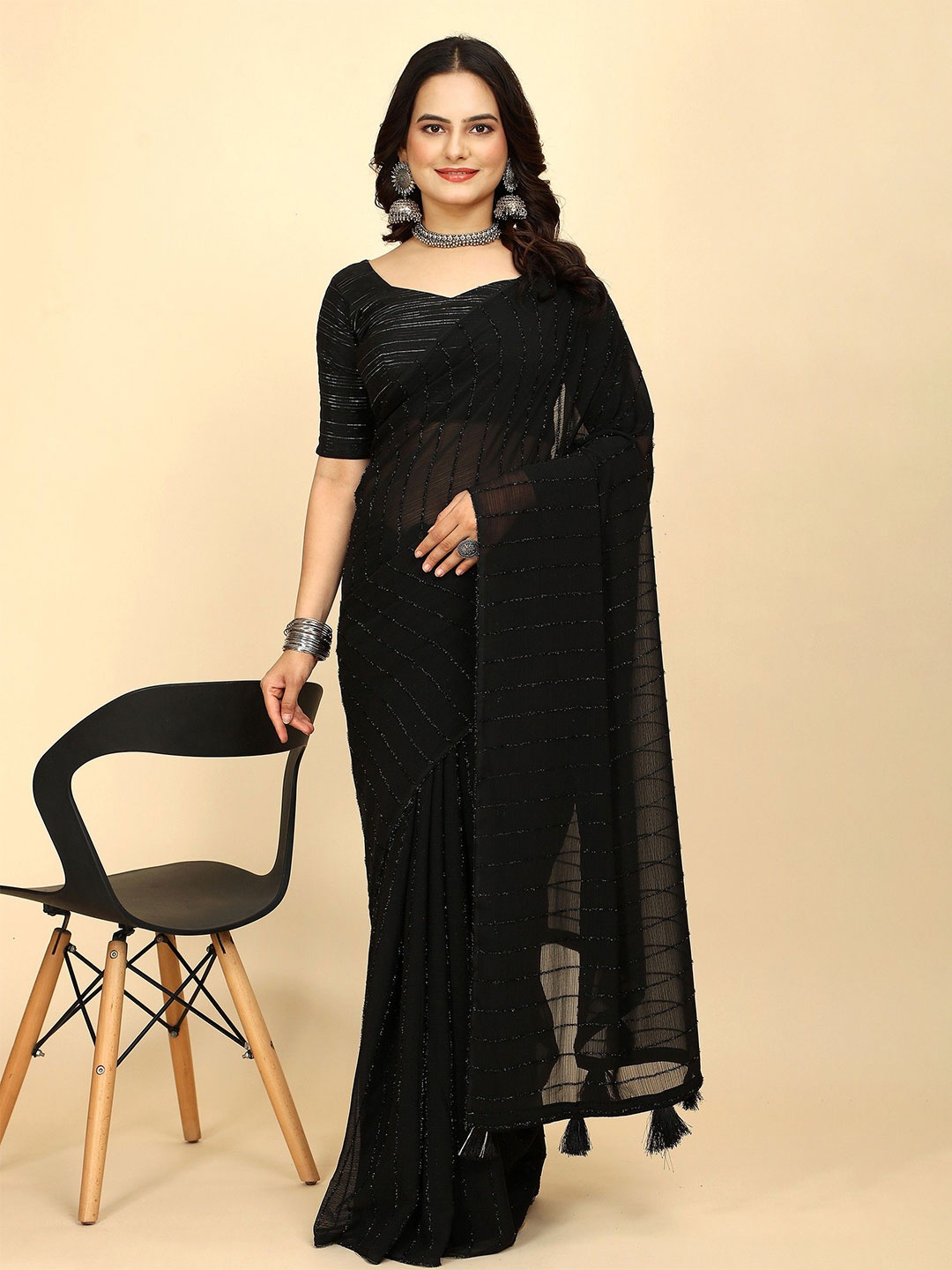 

K 5 Fashion Striped Embroidered Pure Chiffon Saree, Black